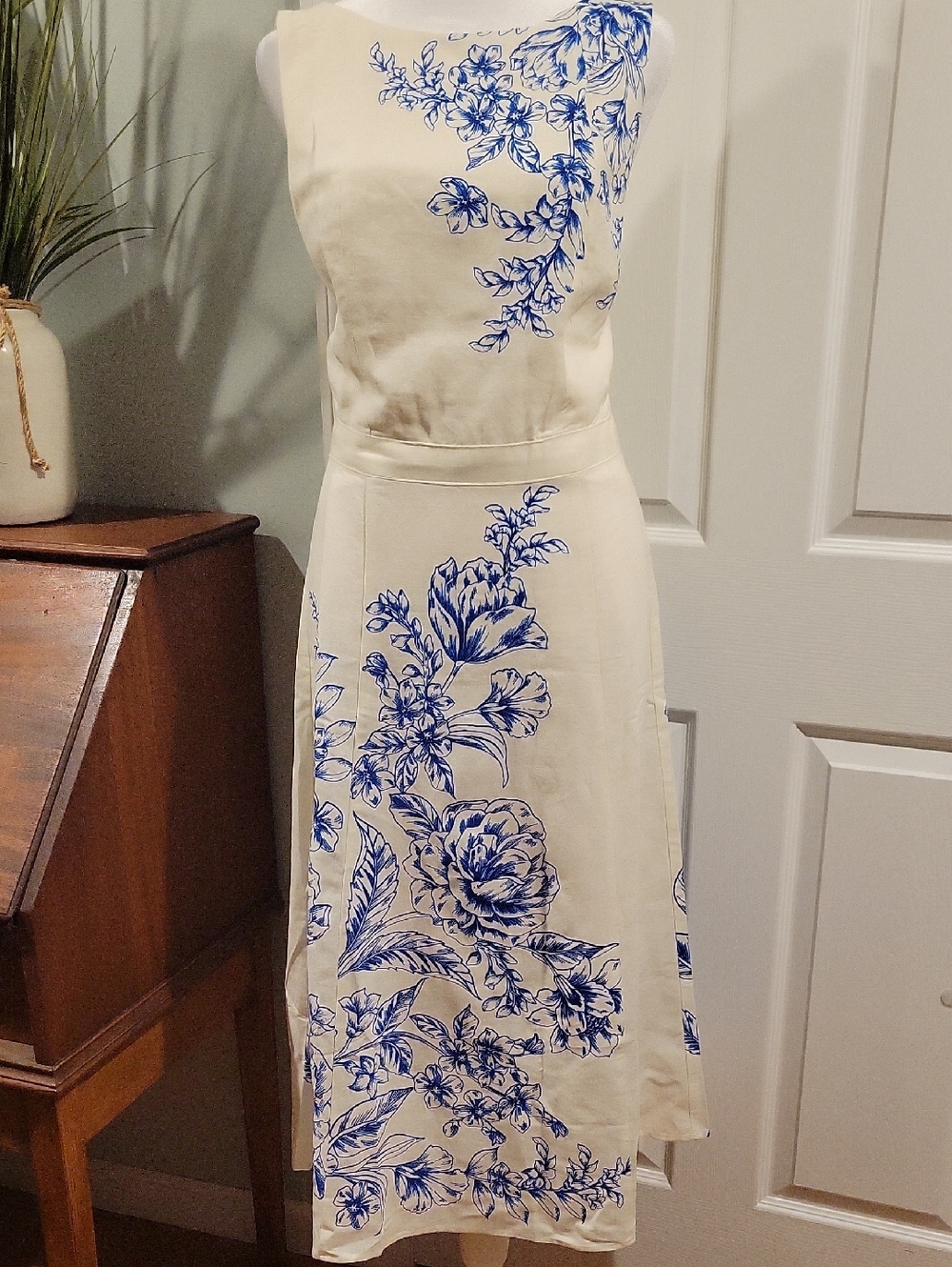 London Times Cream Midi Dress with Blue Floral Print
